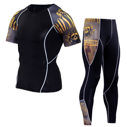 Men's Compression Run Jogging Suits Clothes Sports Set Short T Shirt and Pants Gym Fitness Workout Tights Clothing 2pcs/Sets